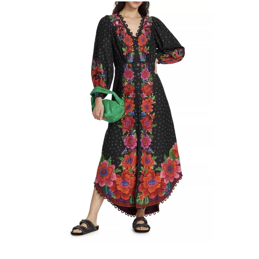 Blooming Garden Floral Long-Sleeve Maxi Dress Medium Farmā Rio Black Sz-S